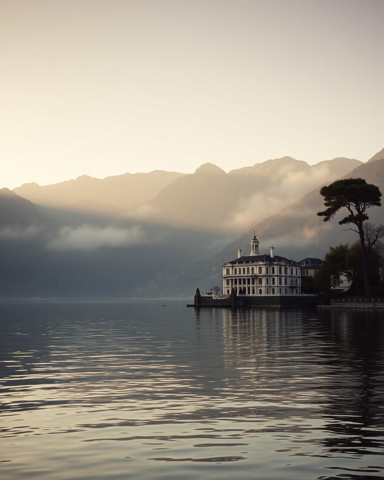 A villa on the misty shores of Lake Como at dawn